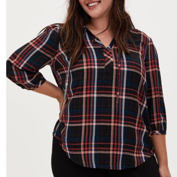 Torrid Rayon Twill Tie Neck Peasant Top, Plaid - Picture 1 of 8